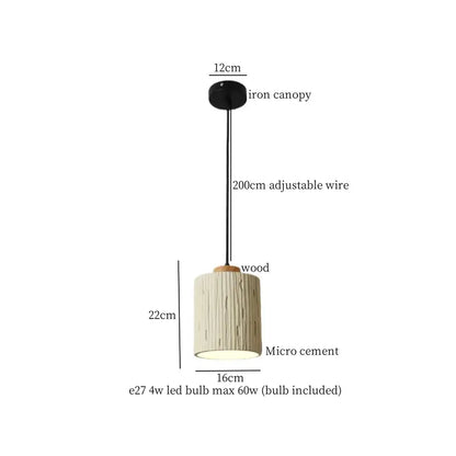 Beige wood grain columnar micro cement pendant light with textured off-white shade and wooden top for kitchen decorbites decor