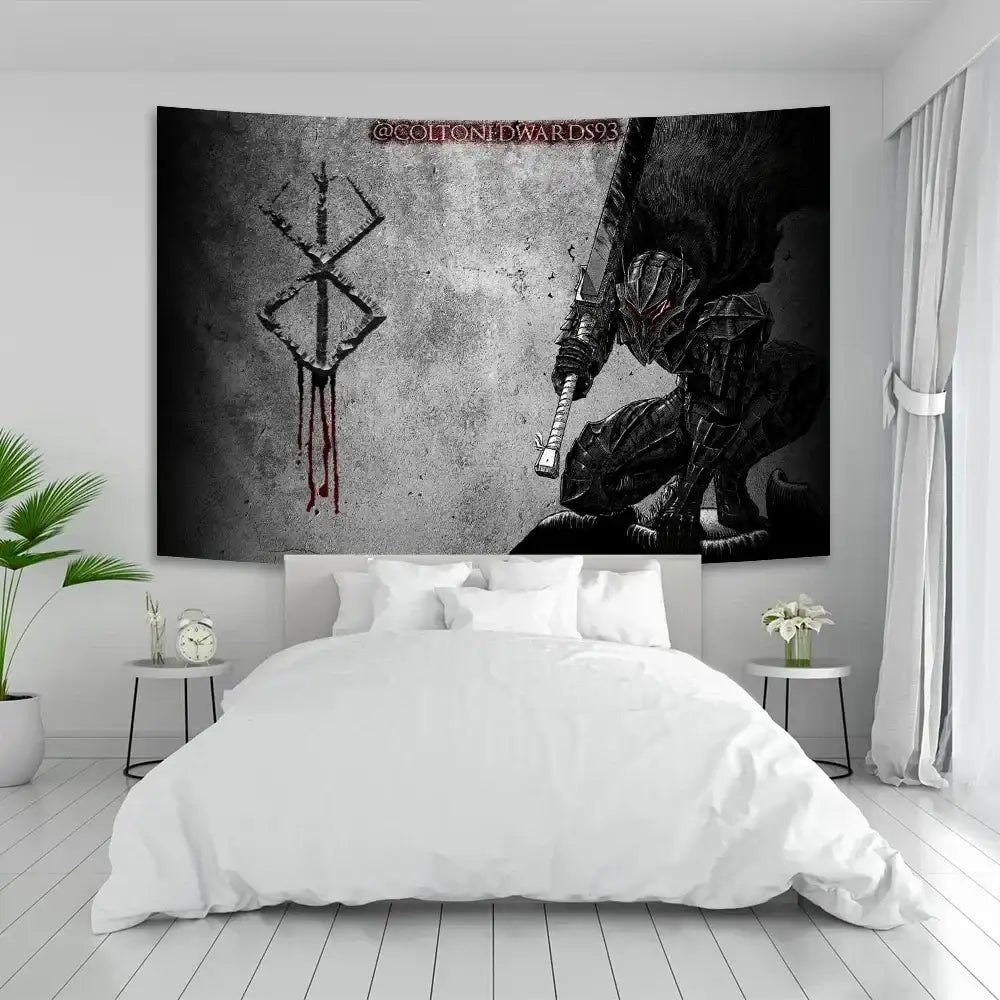 Black and gray berserk sacrifice tapestry with red sword emblem and armored warrior decorbites berserk bedroom decor
