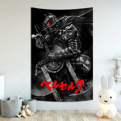Black and red decorbites berserk sacrifice tapestry featuring detailed berserk character illustration and bold japanese text