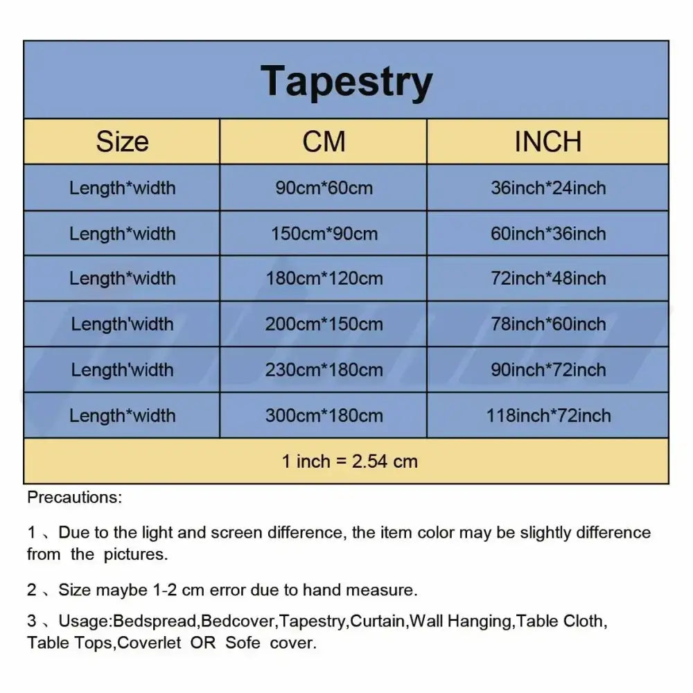 Blue berserk sacrifice tapestry size chart in centimeters and inches with decorbites berserk usage suggestions for wall hanging or bedspread decor