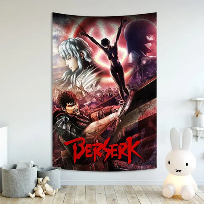 A vibrant red and black berserk sacrifice tapestry by decorbites featuring dynamic battle characters for bedroom decor