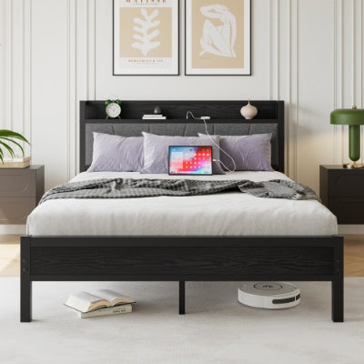 Black Metal Storage Bed Charging Station Headboard