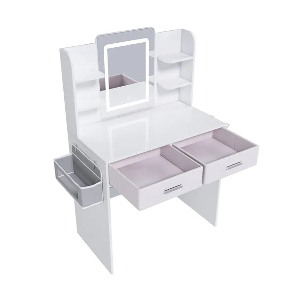 LED Mirror Vanity Dressing Table With Lights For Women & Girls - 3-Color Adjustable Light Strips, 2 Large Drawers, Hair Dryer Stand & Non-Woven Storage Bag, Makeup Desk Bedroom Furniture