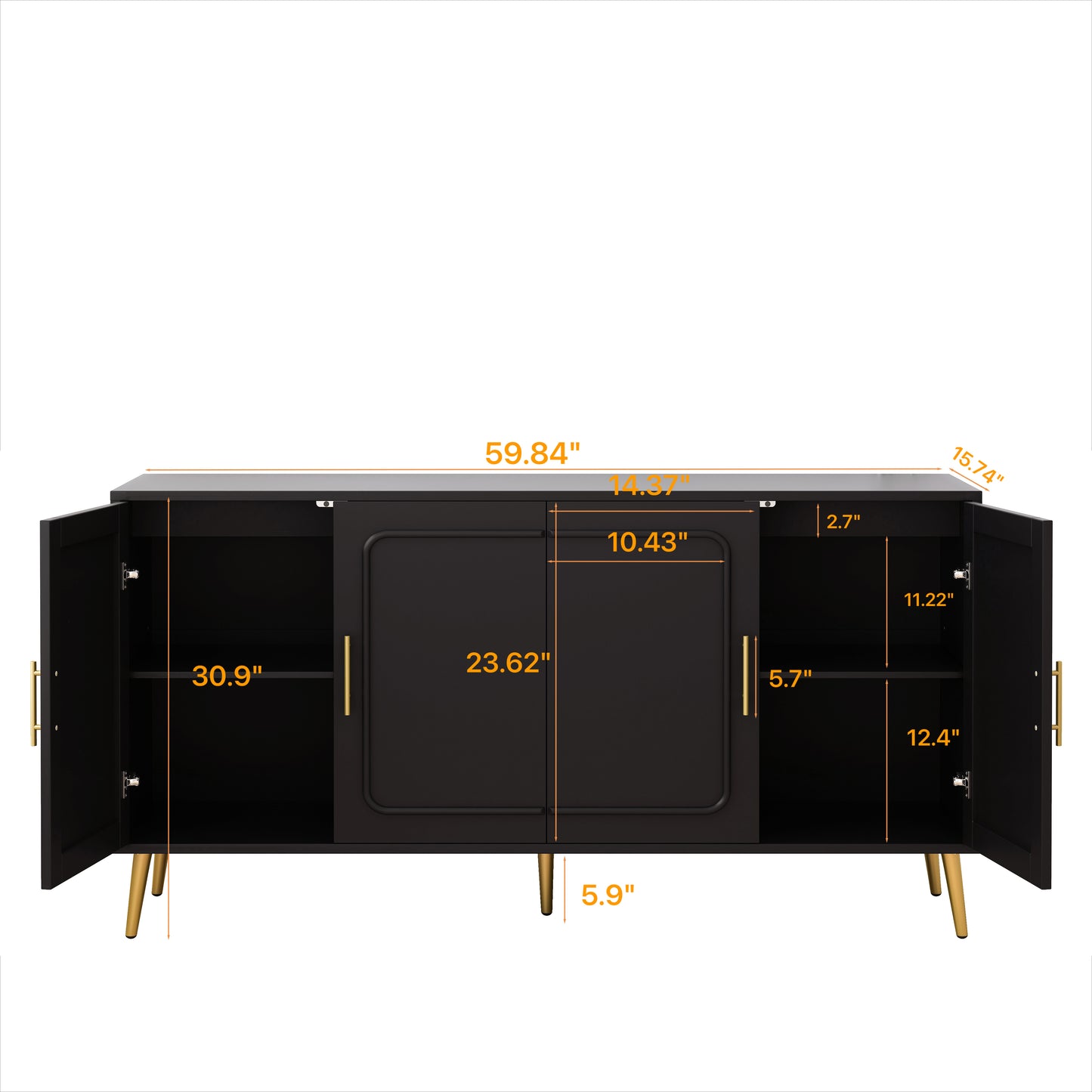 59.84 Vintage Four-Door Cabinet, Plastic Rattan, Suitable For Living Room, Dining Room, Bedroom Black
