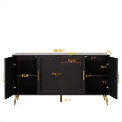 59.84 Vintage Four-Door Cabinet, Plastic Rattan, Suitable For Living Room, Dining Room, Bedroom Black