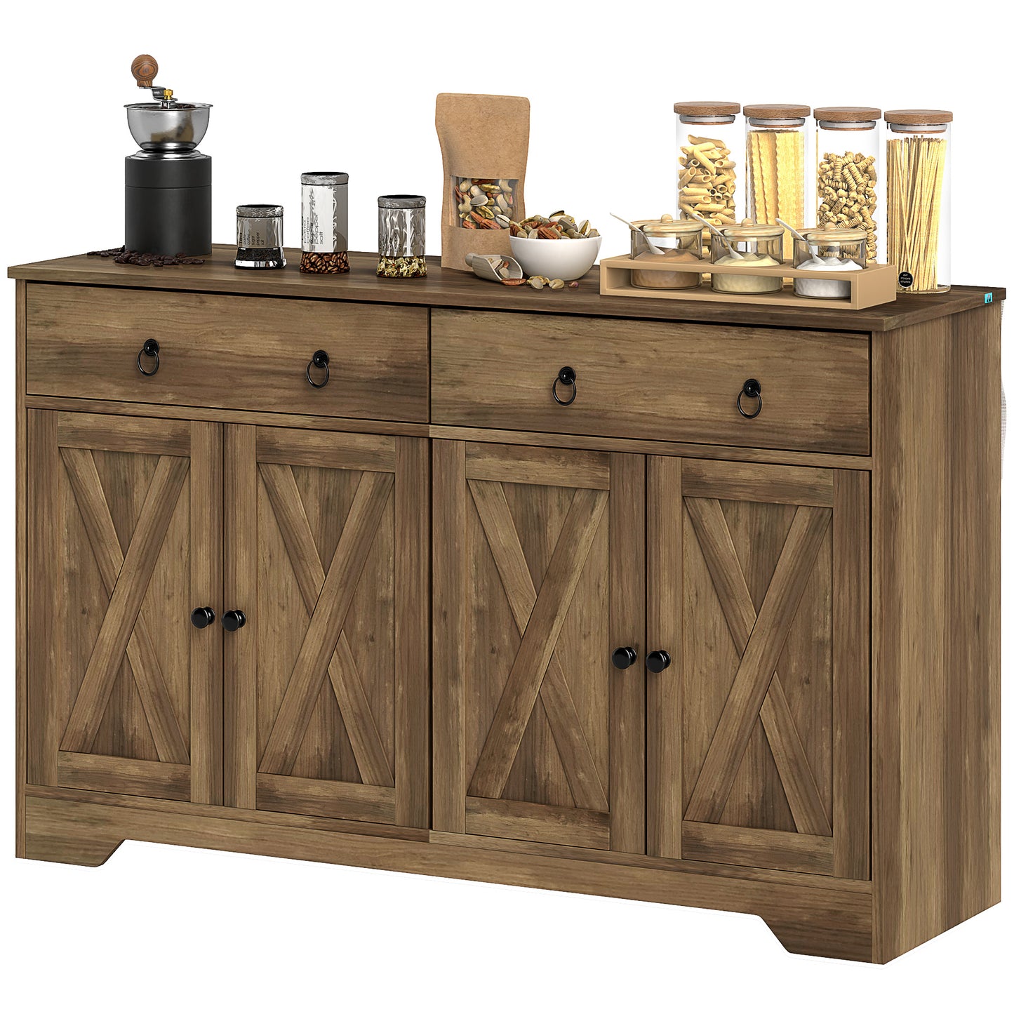 Kitchen Storage Sideboard, Farmhouse Buffet Cabinet With Barn Style Doors, Drawers, Adjustable Shelves, Light Brown