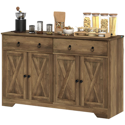Kitchen Storage Sideboard, Farmhouse Buffet Cabinet With Barn Style Doors, Drawers, Adjustable Shelves, Light Brown