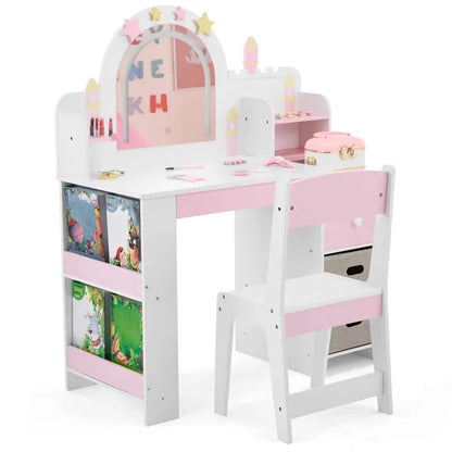 White And Pink Star And Castle Elements; MDF And Particleboard; Spray Paint, Silkscreen Printing, And Melamine Veneer; 1 Drawer, 2 Fabric Drawers, 2-tier Shelf; Children's Dressing Table Set