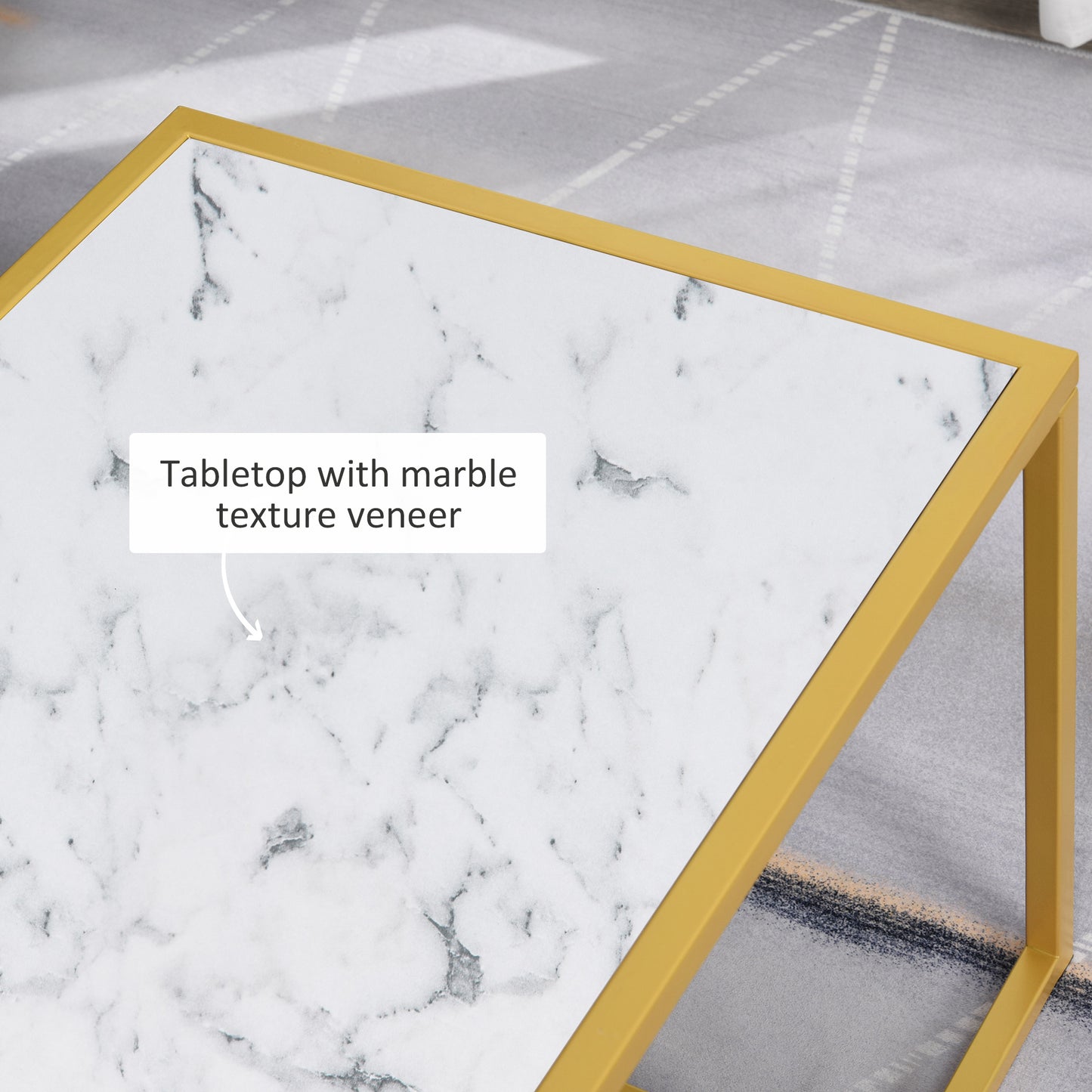 Minimalist Art Deco Coffee Table with Laminate Marble Print Table Top & Underneath Storage Shelf