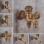 Antique bronze wall mounted bibcocks faucet with brass finish and ornate detailing for kitchen bathroom outdoor use