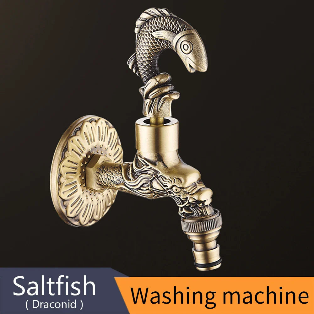 Antique bronze bidcock washing machine faucet with ornate brass fish and dragon head design and decorative fluted plate