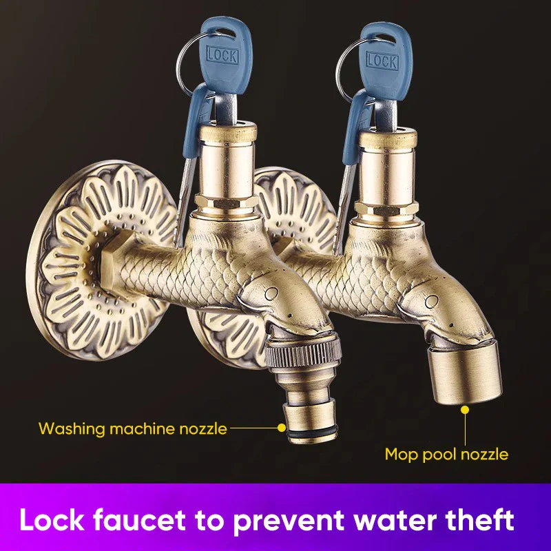 Brass-colored bidcock antique bronze washing machine faucet with dragon carving and ornate floral wall mounts with blue locks