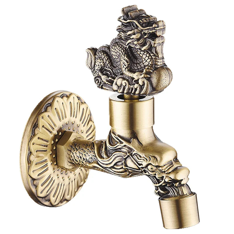 Antique brass Bidcock washing machine faucet with dragon carved design for bathroom and garden use