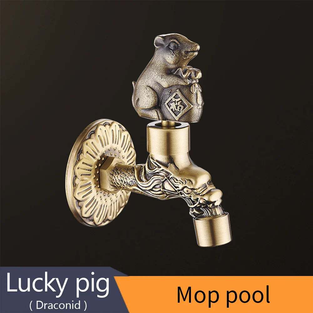 Antique bronze bidcock washing machine faucet with detailed lucky pig and ornate dragon head brass carvings for outdoor use