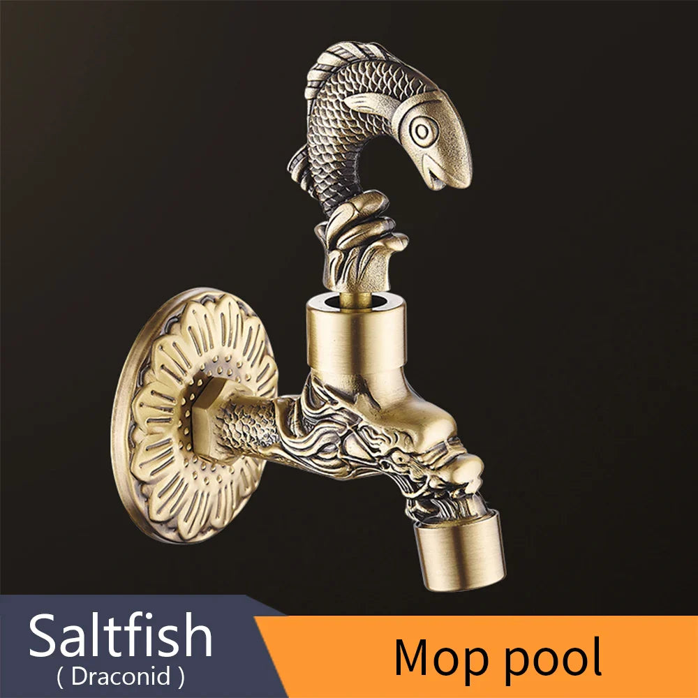Bidcock antique bronze washing machine faucet with ornate brass fish and dragon designs and detailed scale pattern