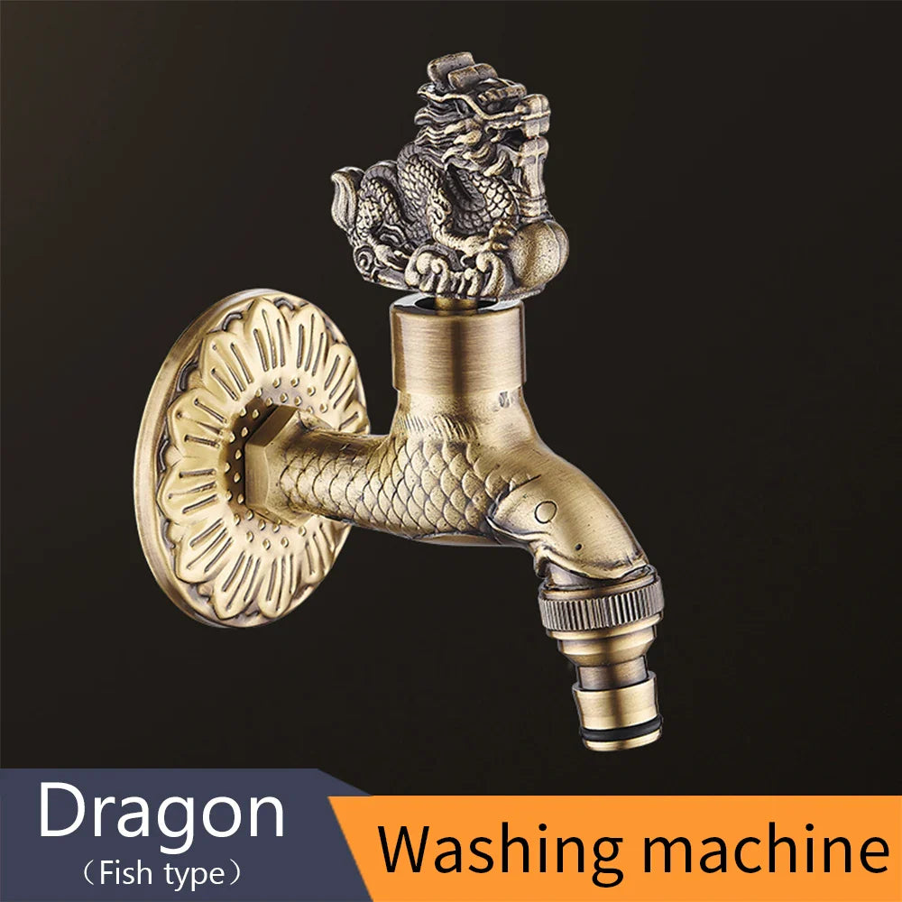 Antique bronze washing machine faucet featuring a brass fish body and ornate dragon head for outdoor garden use