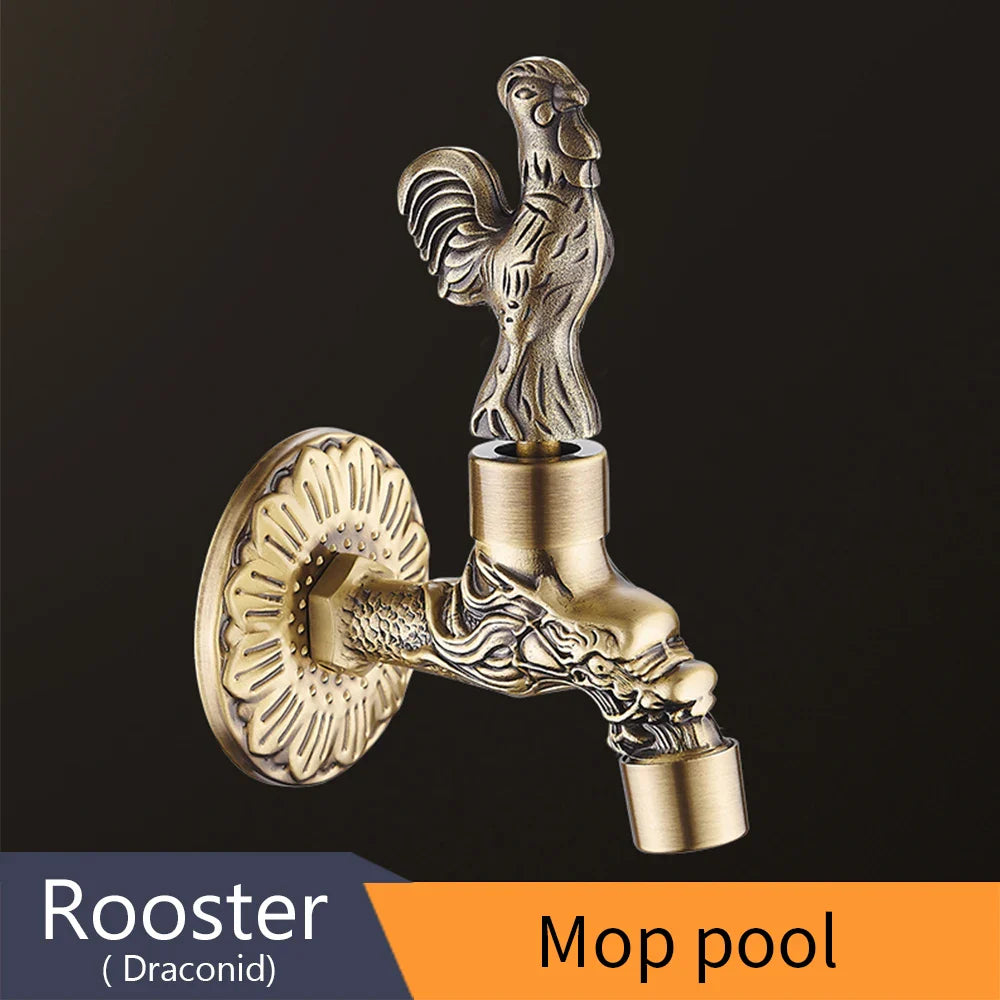 Antique bronze brass bidcock washing machine faucet with ornate rooster and dragon head design for mop pool use