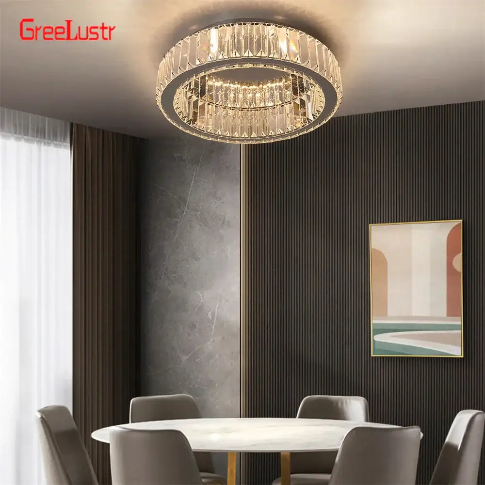 Big crystal round led dimmable chandelier with circular crystal tiers and metallic frame by greelustr for living room decorbites big crystal