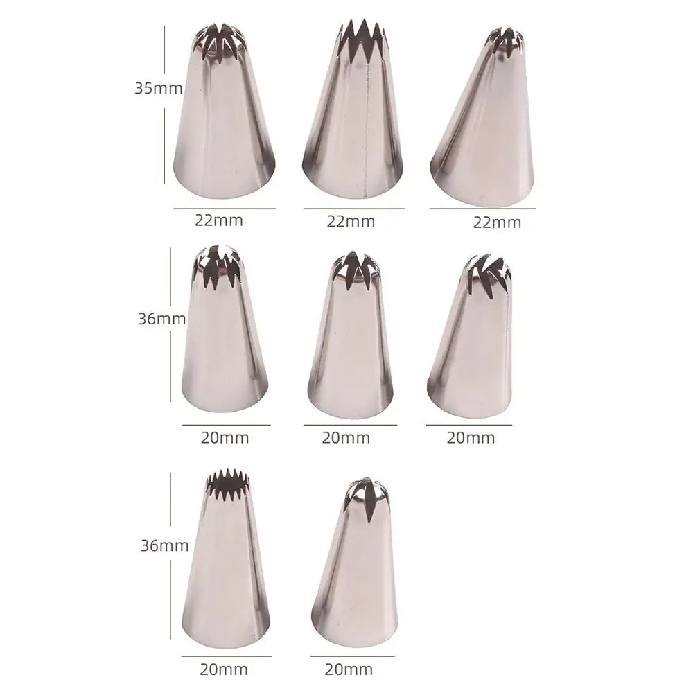Set of six stainless steel big size Russian pastry nozzles with star-shaped and pointed tips for cake decorating
