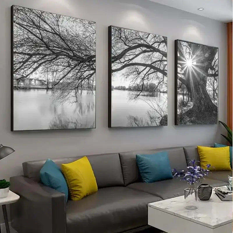 Decorbites stunning big tree lake sunset canvas posters feature three black and white tree lake prints above sofa