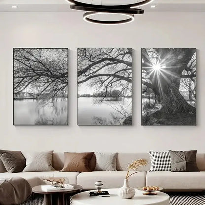 Decorbites stunning big tree lake sunset canvas posters featuring black and white tree lake branches over water