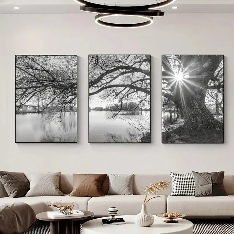 Decorbites stunning big tree lake sunset canvas posters featuring black and white tree lake branches over water