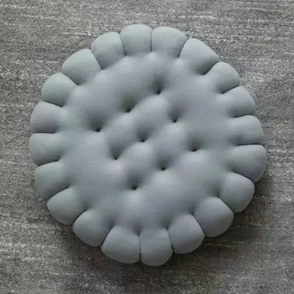Gray tufted circular ottoman with soft plush fabric and scalloped edge decorbites biscuit sofa cushion for living room decor