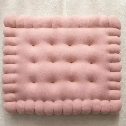 A soft pink plush biscuit sofa cushion with tufted indentations and piped edges for decorbites biscuit decor