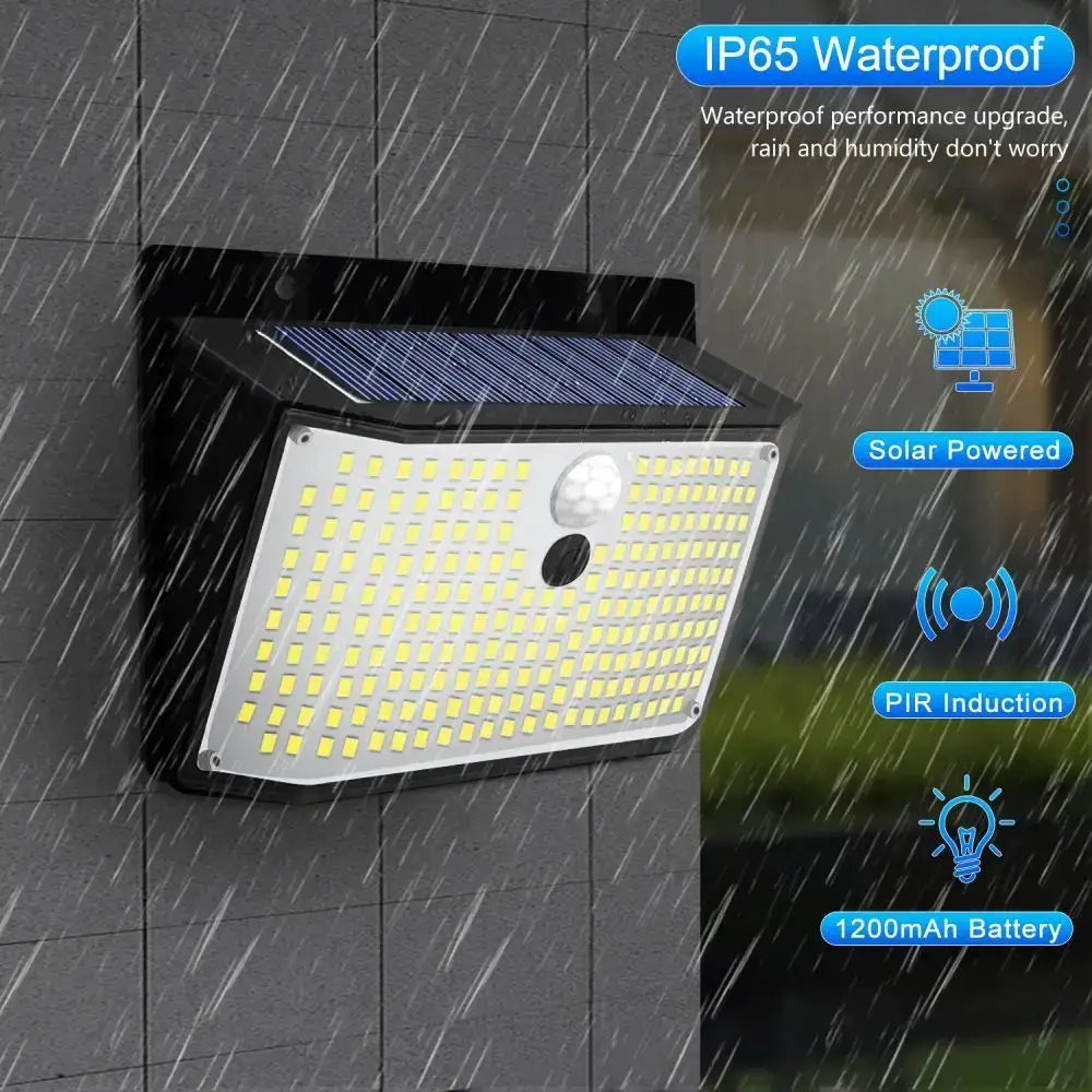Black and silver led solar outdoor motion sensor light with 208 bright white leds and ip65 waterproof rating