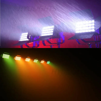 Three white led panel lights with black frames and adjustable barn doors 24x18w rgbwa uv led wall wash under purple haze