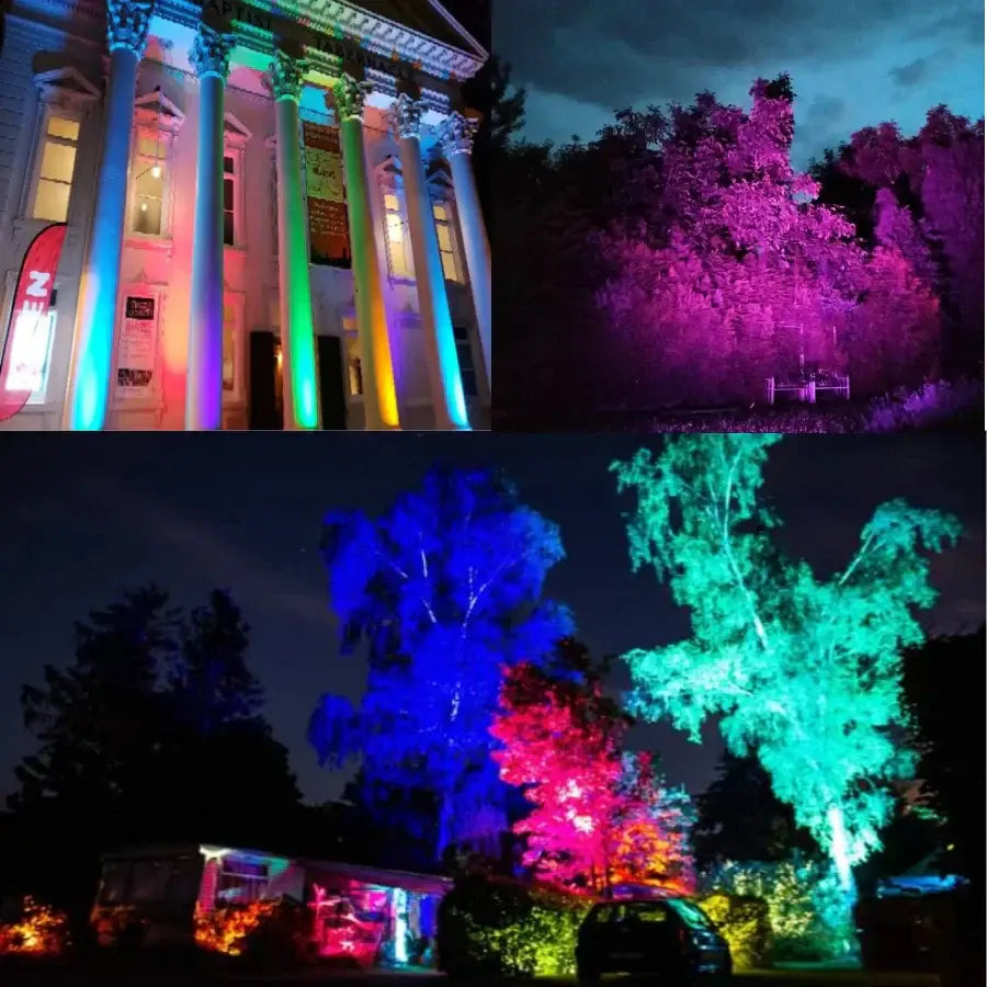 Colorful rgbwa uv led floodlights with barn doors illuminating a classical building at night in vibrant rainbow hues