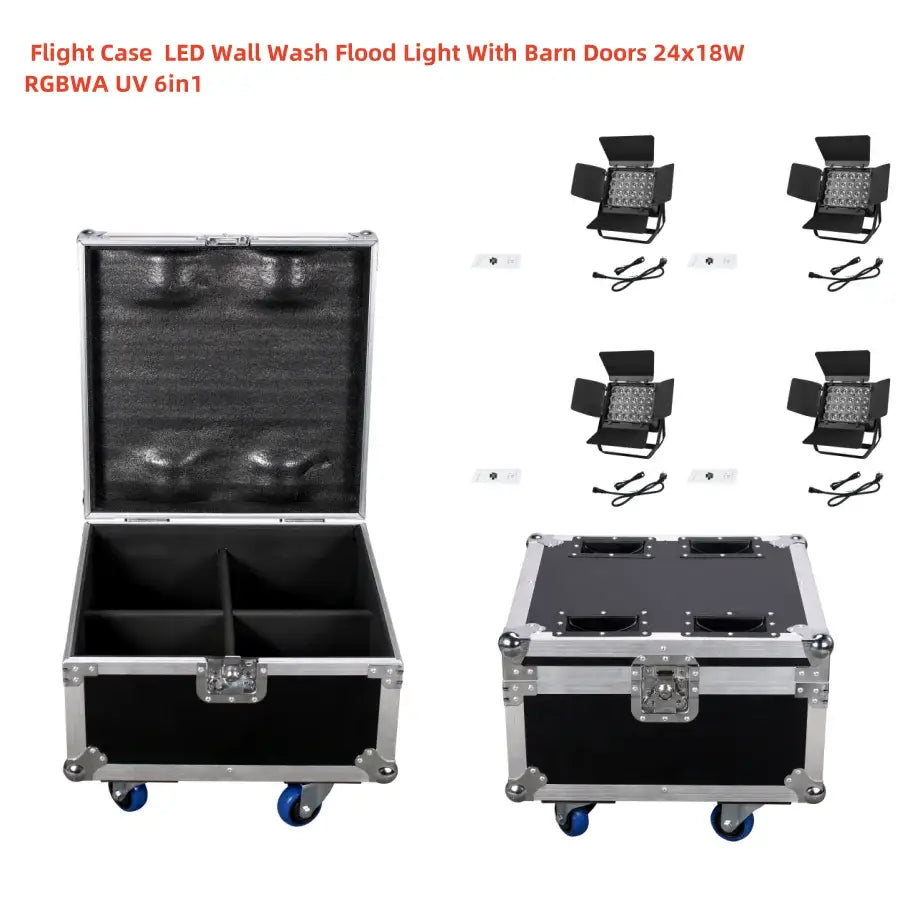 Black flight case with silver aluminum edges and blue wheels for 24x18w rgbwa uv led wall wash with barn doors