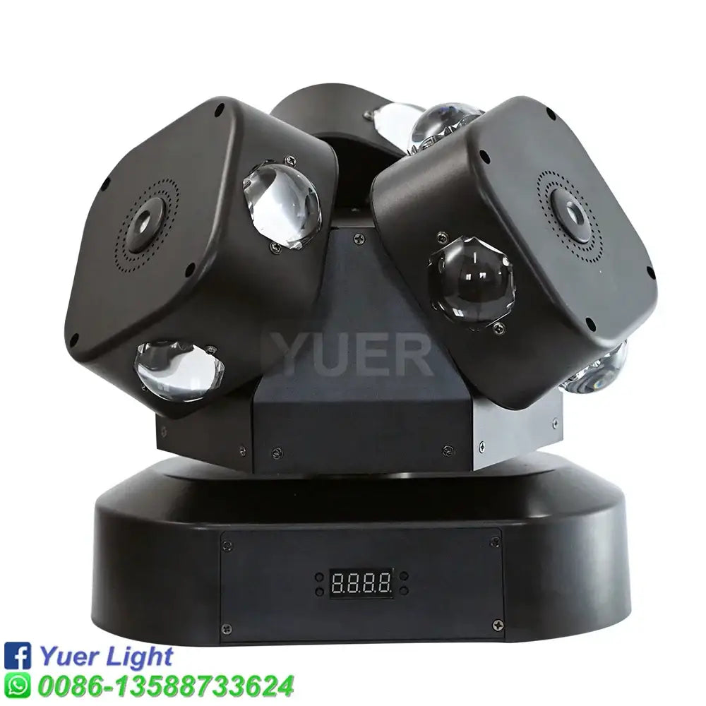 Black 3 head moving head light with laser featuring three rotating heads with clear lenses for event room use