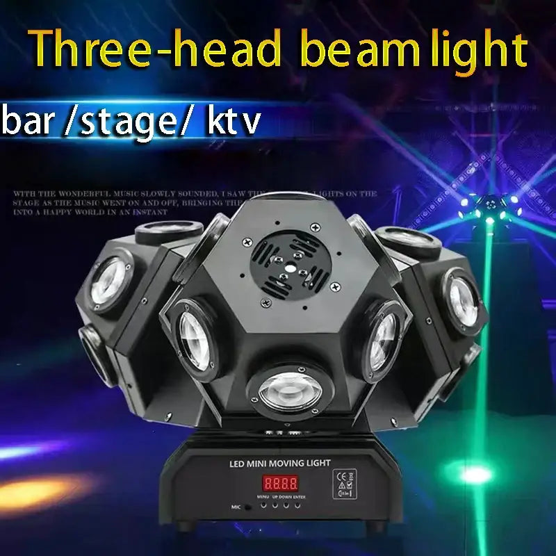 Black hexagonal three-head rgbw led beam stage light with six circular leds and digital display panel for party room