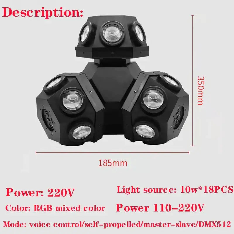 Black hexagonal 3-head rgbw led beam stage light with 18 individual lights for party room use