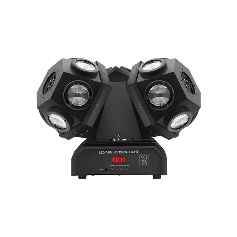 Black 3-head rgbw led beam stage light with two octagonal heads each housing four circular leds for party room use