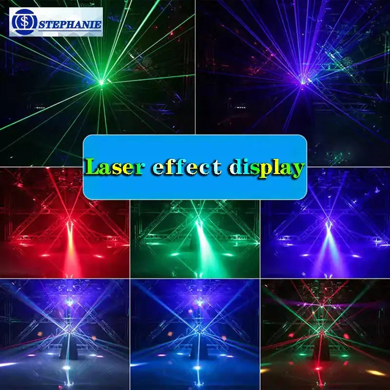 Black 3-head rgbw led beam laser stage light by stephanie emitting vibrant green red blue and purple beams for party room