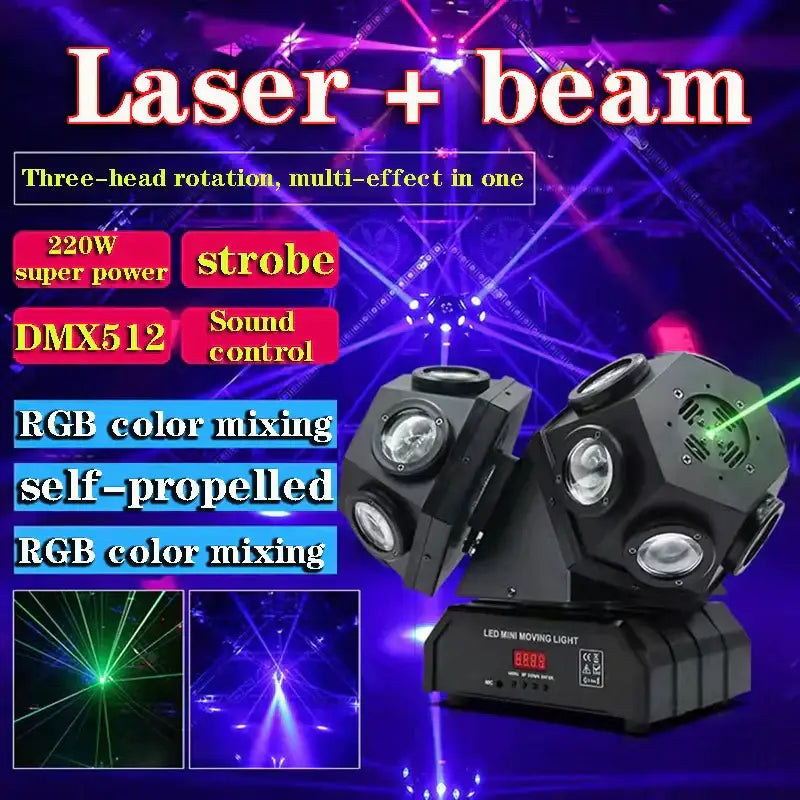 Black three-headed rgbw led beam laser stage light with rgb color mixing for party room use
