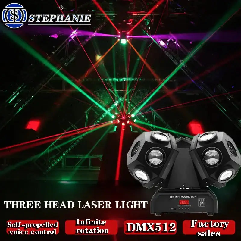Black 3-head rgbw led beam stage light with rotating led beams and digital display panel for party room use