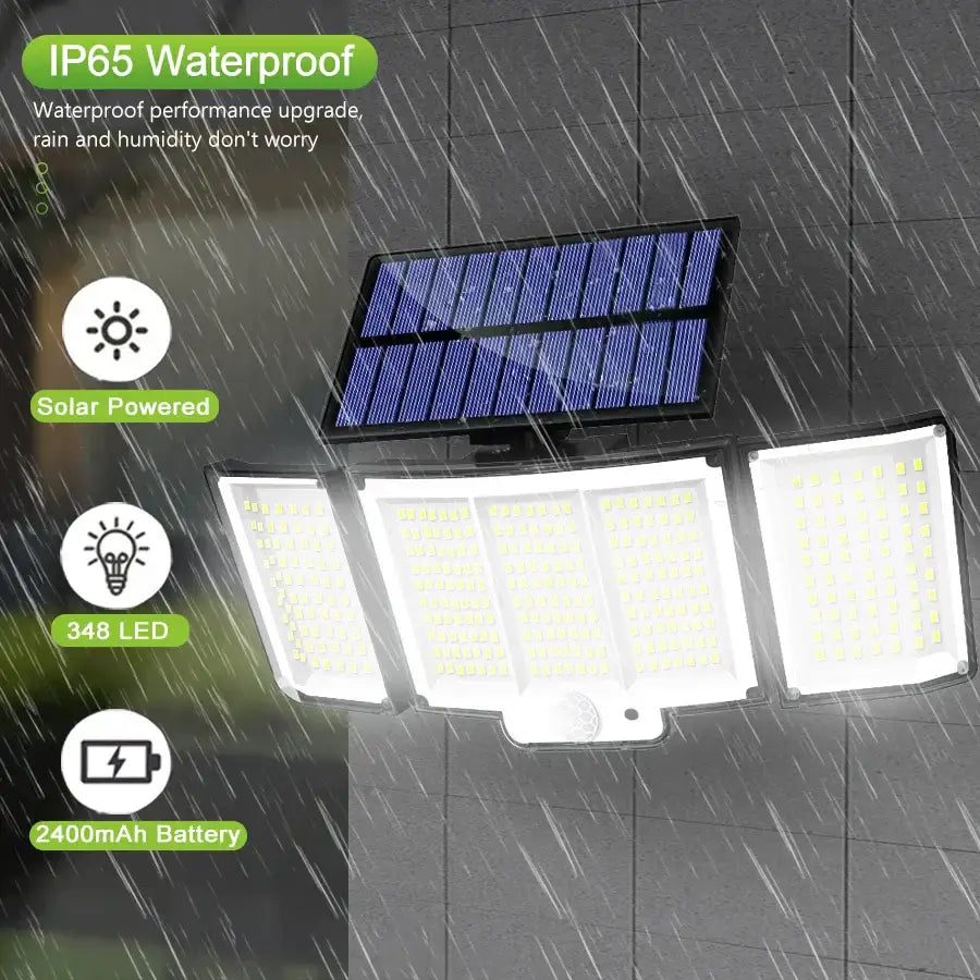 Black 348 led solar super bright motion sensor light with white led, blue solar panel, and three adjustable panels