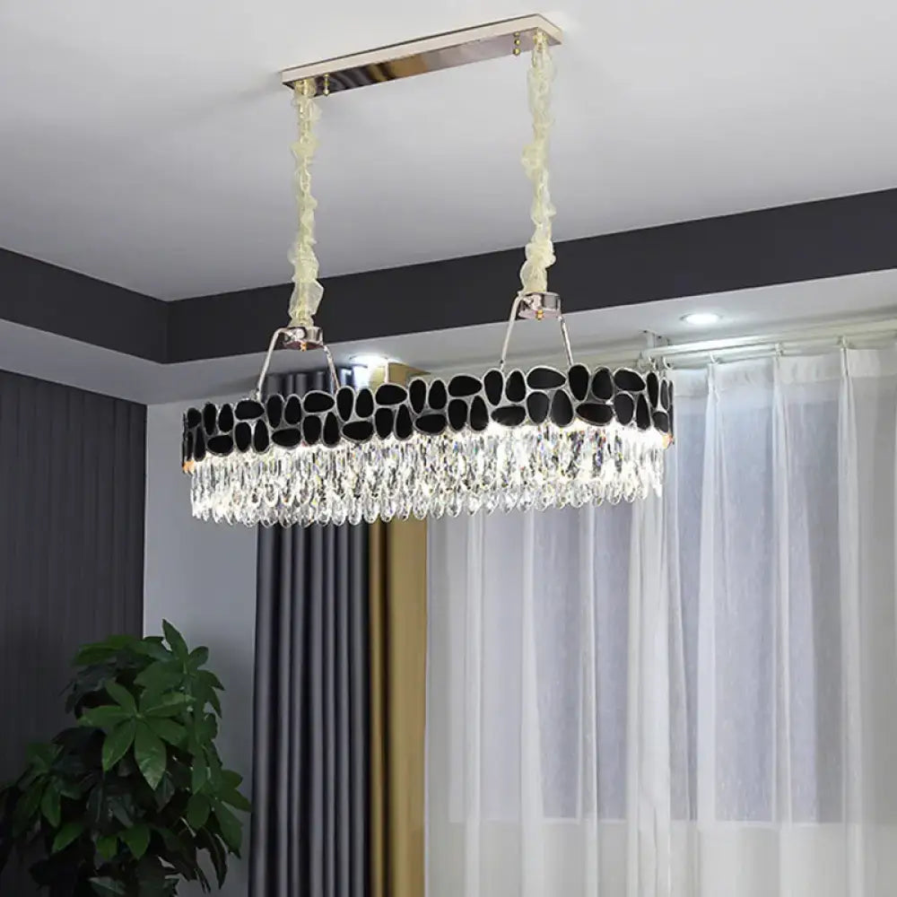 Elegant DecorBites black 8-head island lamp with sleek chrome frame and modern clear crystal prisms and accents