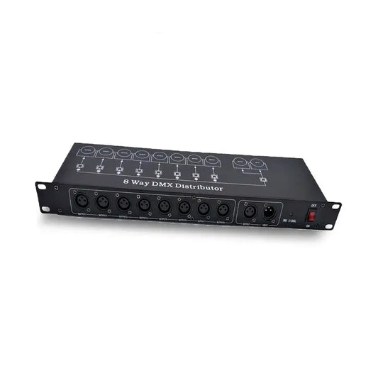 Black 8-way dmx512 splitter stage lighting signal amplifier with eight XLR ports and red power switch visible on the back