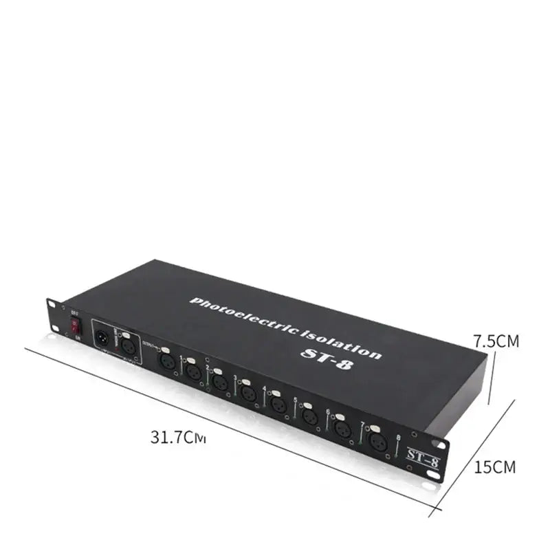 Black 8-way dmx512 splitter stage lighting signal amplifier with photoelectric isolation and eight XLR inputs and power switch