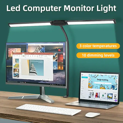 Black adjustable double head led usb table lamp with sleek curved arm for office desk light use