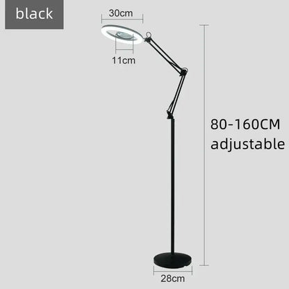 Black adjustable floor lamp with circular 25w led moon light head and articulated arm for beauty light use