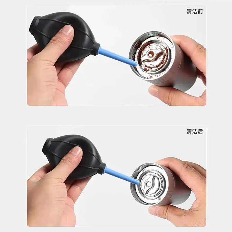 Black rubber bulb air blower with blue nozzle from cleaning brush set cleaning coffee grinder and kitchen dust
