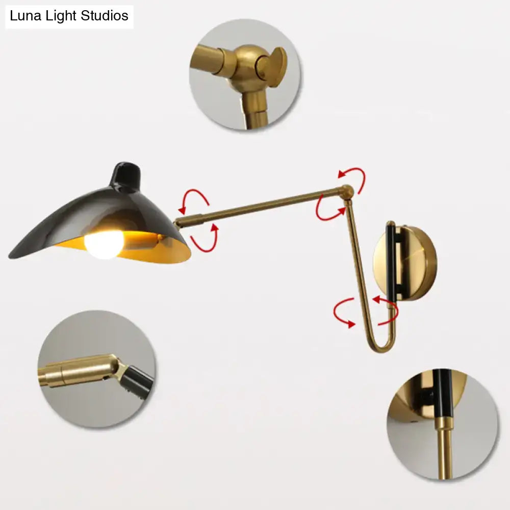 Adjustable joint black and brass wall lamp with duckbill reading light and black gold shade for bedroom use