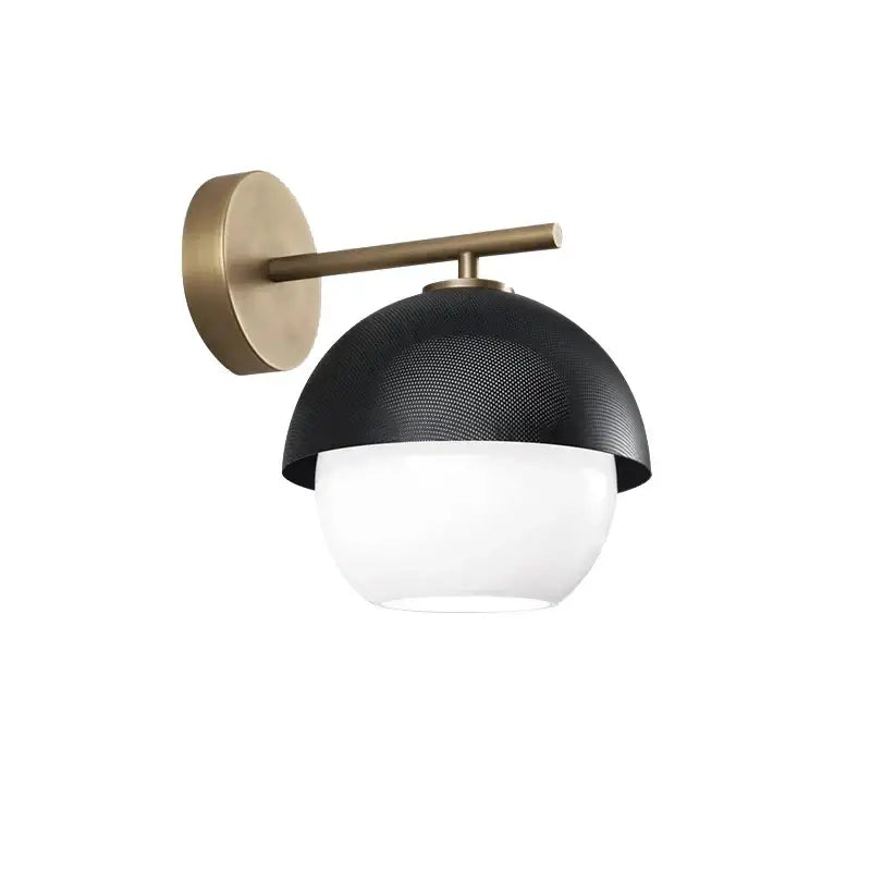 Black mesh dome wall lamp with brass-finished arm and frosted globe by decorbites black metal for luxury decor
