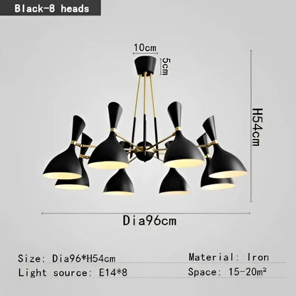 Black and brass nordic led multiple head chandelier with eight conical lamp heads for living room lighting