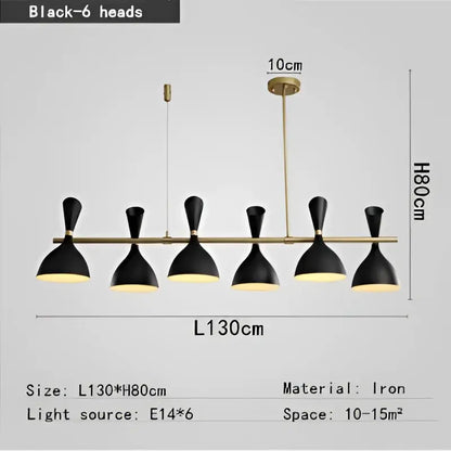 Black iron and brass nordic led multiple head chandelier with six sleek bell-shaped lamp heads for living room use